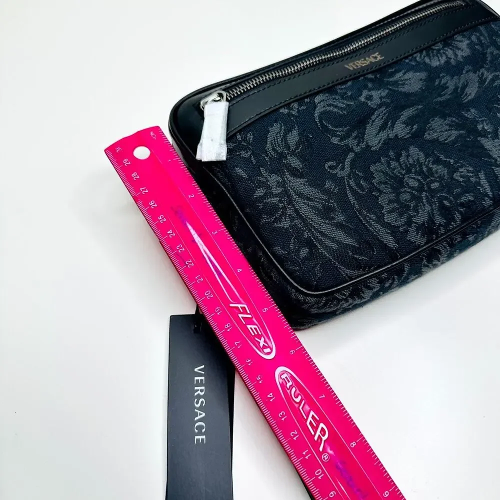 Versace Athena Black Jacquard Barocco Clutch Bag Leather Wrist Strap NWT $995